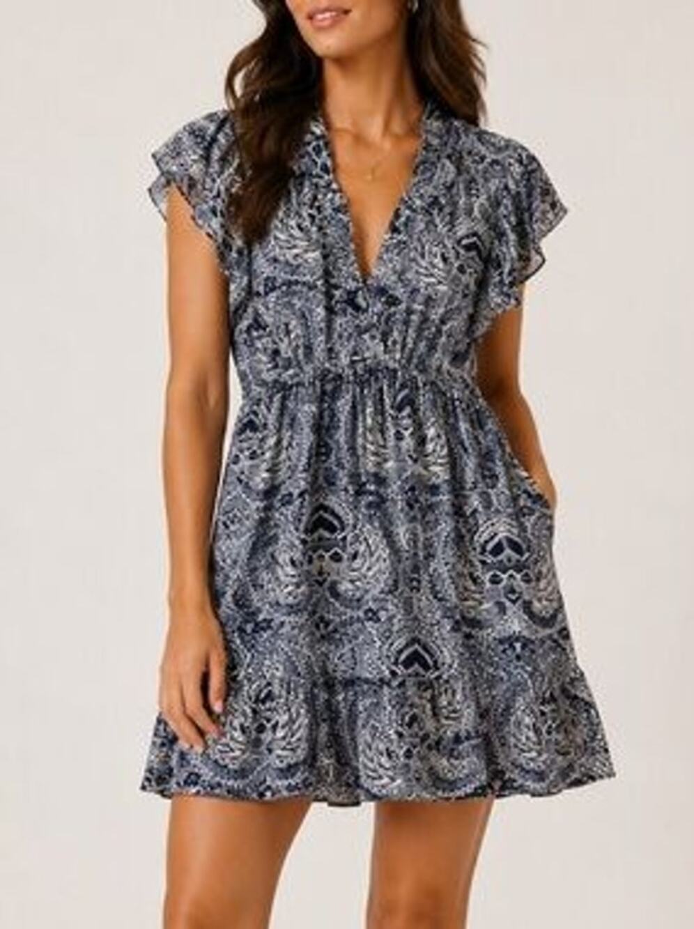 Sundance Paisley Print Flutter Sleeve Ruffle Mini Dress Blue Women's Size Small